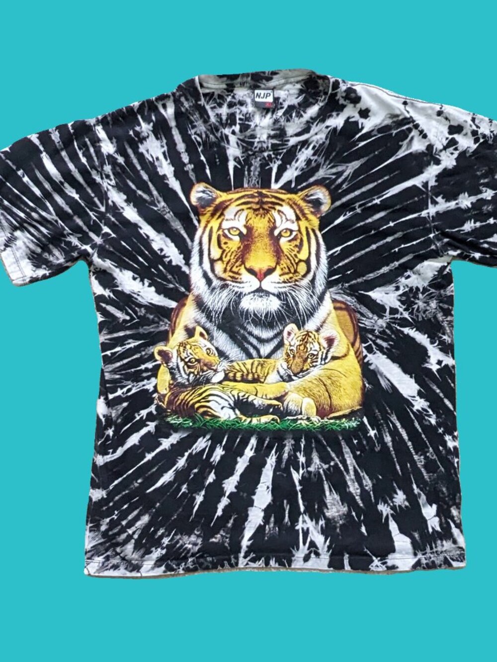 Vintage Y2K Tiger Cubs Tie Dye Graphic Tee Black White Spider Dye NJP Size XL